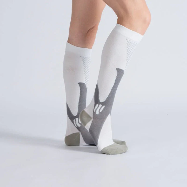 Close-up of Royal White Gray unisex compression socks, ideal footwear for health and circulation