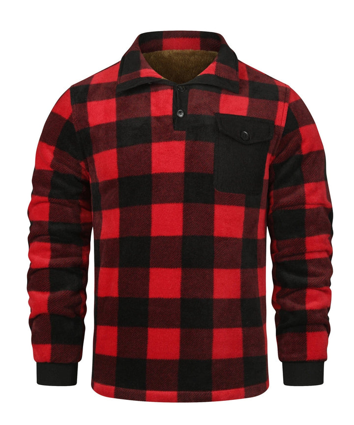 Close-up of the rustic texture on the red Unisex Rover Pullover, a comfortable top