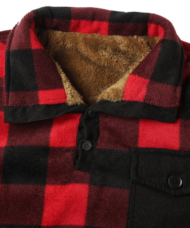 Detailed shot of the collar and hem of the red Unisex Rustic Rover Pullover apparel
