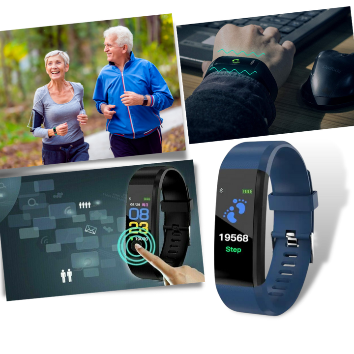 Unisex senior smartwatch with a clear digital display, black band. Ideal for daily health monitoring & fitness tracking.