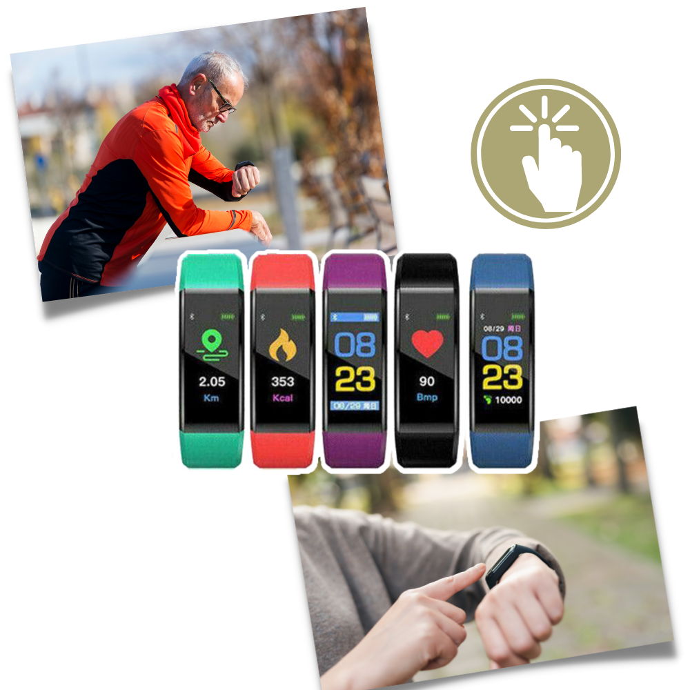 Senior health monitor smartwatch displaying real-time heart rate & blood pressure. Essential senior tech for wellness.