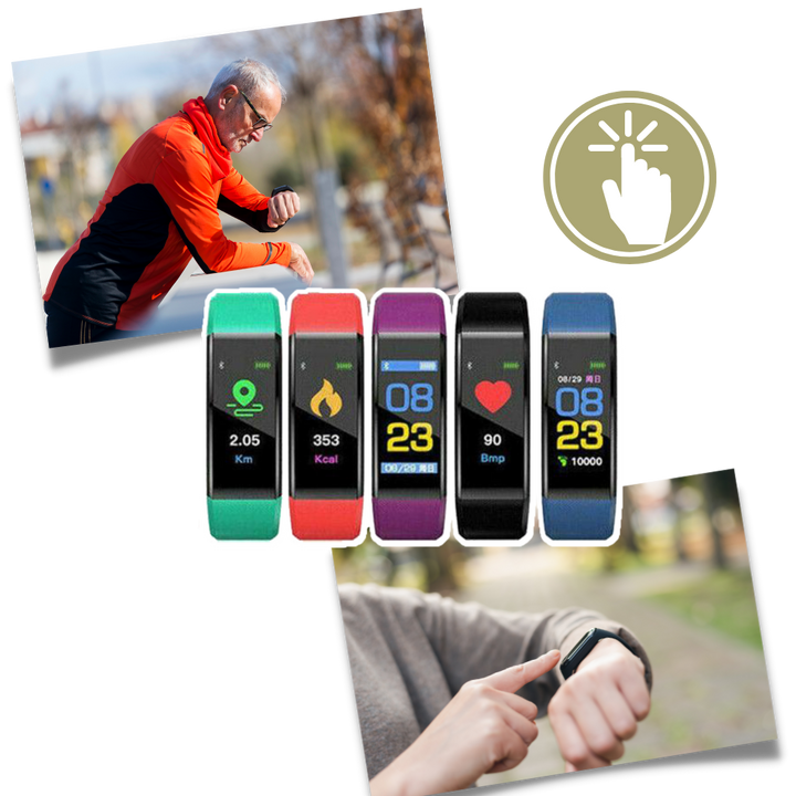 Senior health monitor smartwatch displaying real-time heart rate & blood pressure. Essential senior tech for wellness.