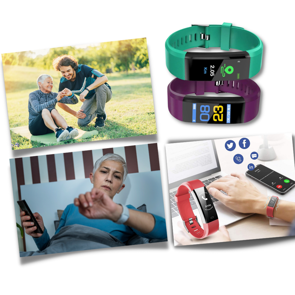 Unisex senior wellness smartwatch on a wrist, showing comprehensive health data. Promotes overall well-being.
