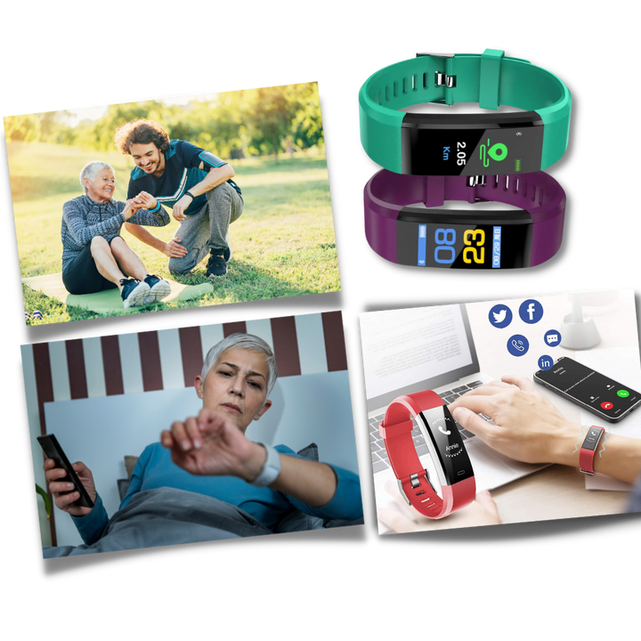 Unisex senior wellness smartwatch on a wrist, showing comprehensive health data. Promotes overall well-being.