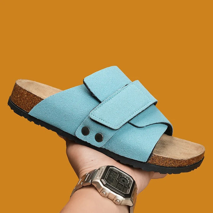 Shoreline Comfort Slide Sandals in a brown leather finish, stylish and comfortable unisex footwear.