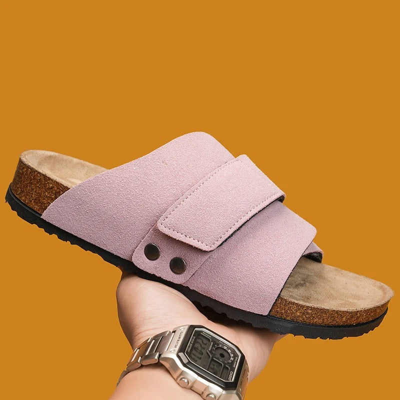 Shoreline Comfort Slide Sandals paired with summer attire, highlighting their casual and versatile style.
