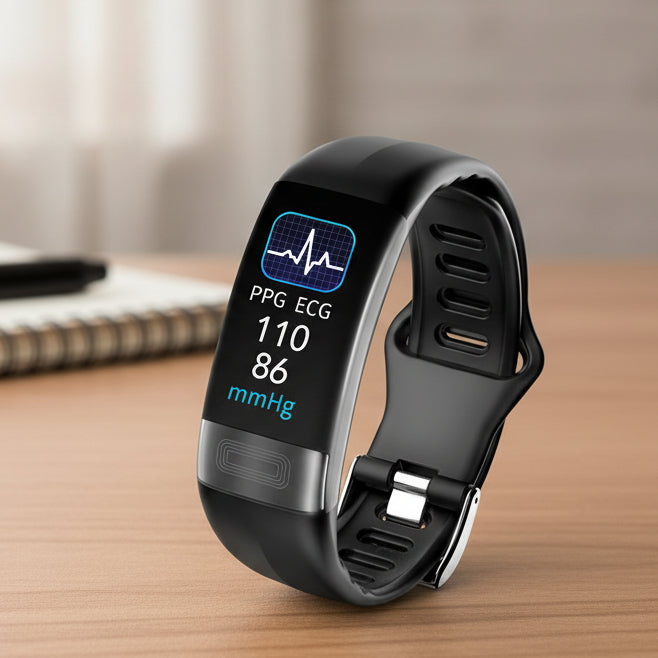 Unisex smartwatch showing time, ECG, blood pressure, and sleep tracking features.