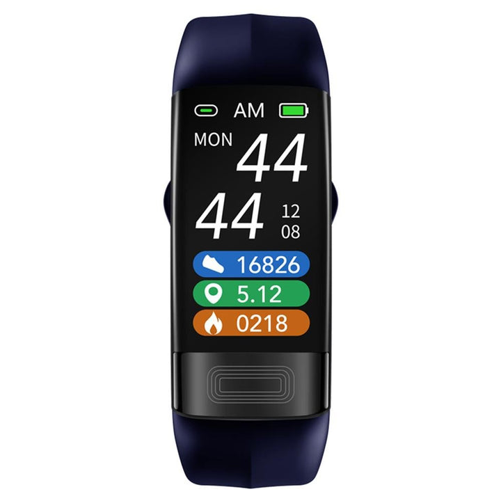Smartwatch displaying ECG waveform, blood pressure readings, and sleep stages on its bright screen.