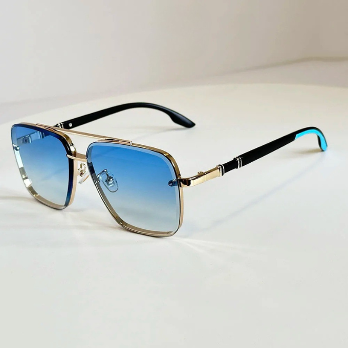 Close-up of unisex square aviator sunglasses, modern metal design, gradient lenses for fashion