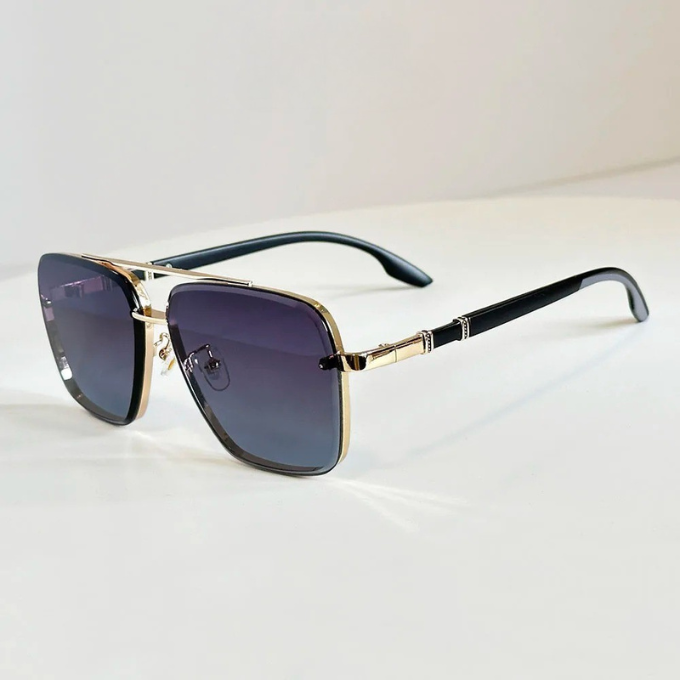 Pair of unisex square aviator sunglasses on display, fashionable eyewear with UV protection