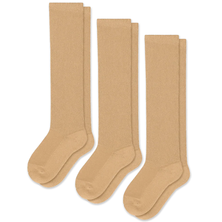 Unisex tan socks, strong compression for support, suitable for daily wear.