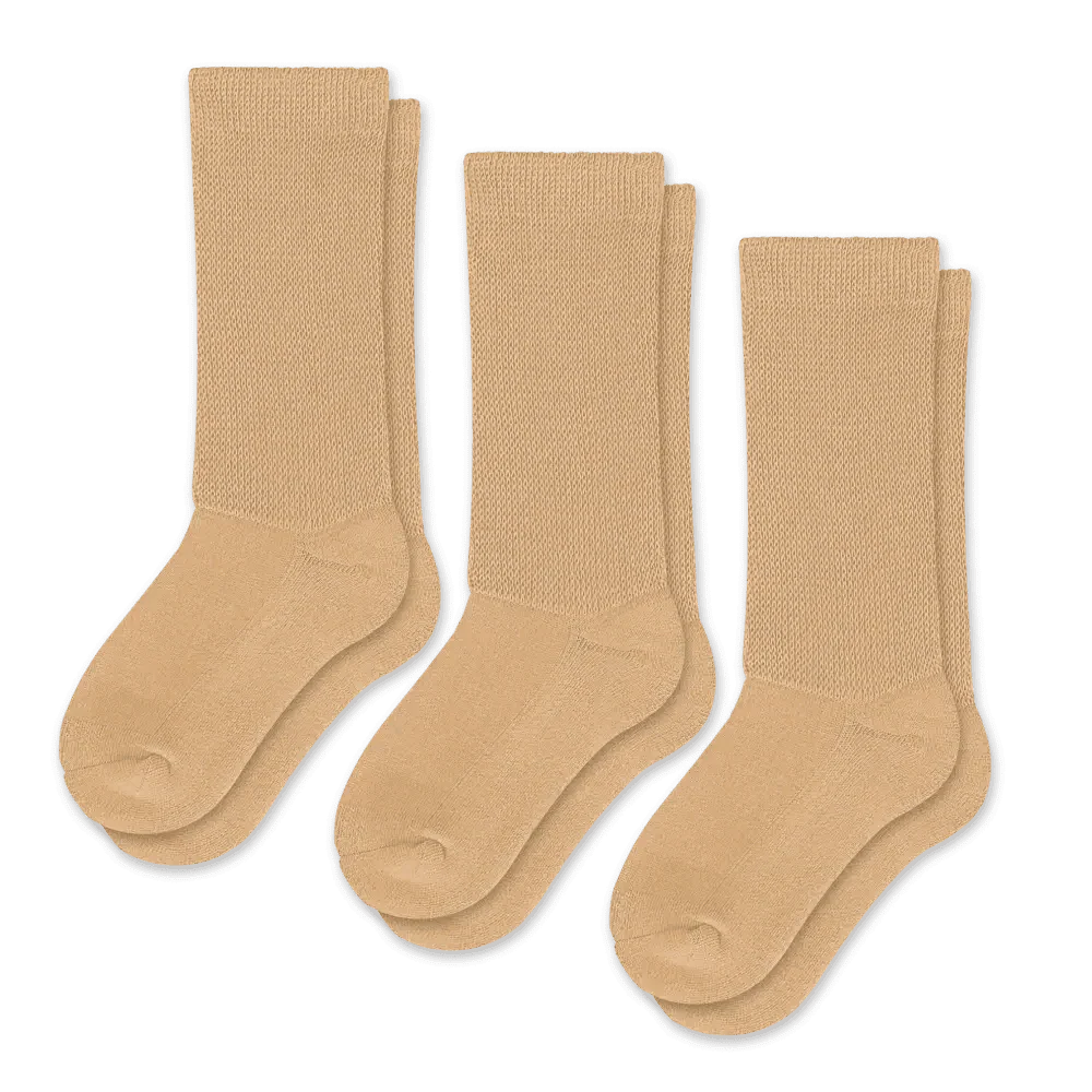 Tan compression socks, a unisex design offering therapeutic circulation benefits.