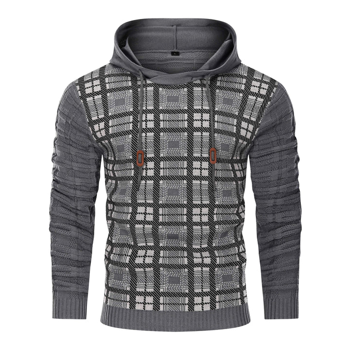 Model wearing a unisex textured pullover hoodie, showcasing its relaxed fit and warmth.