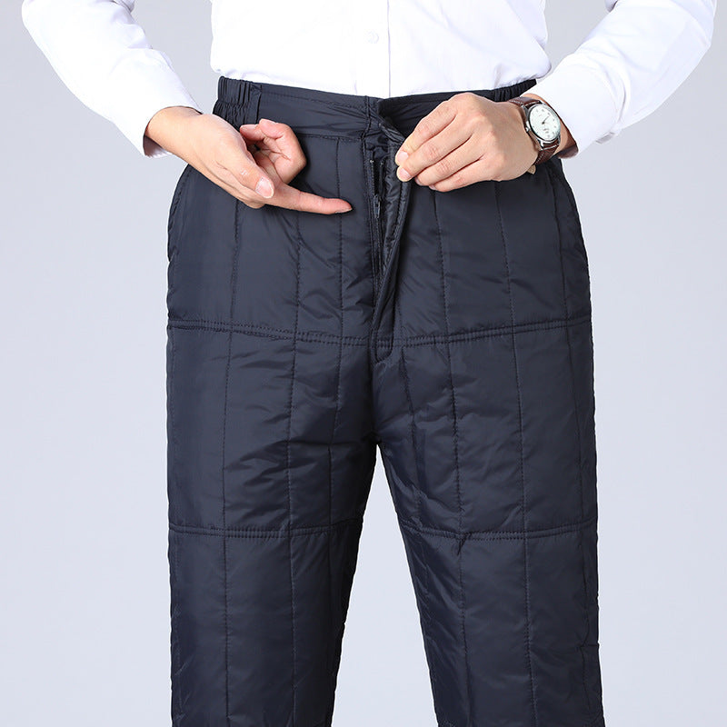 Unisex thermal duck down winter pants, high-waisted, insulated for extreme cold weather outdoor wear.
