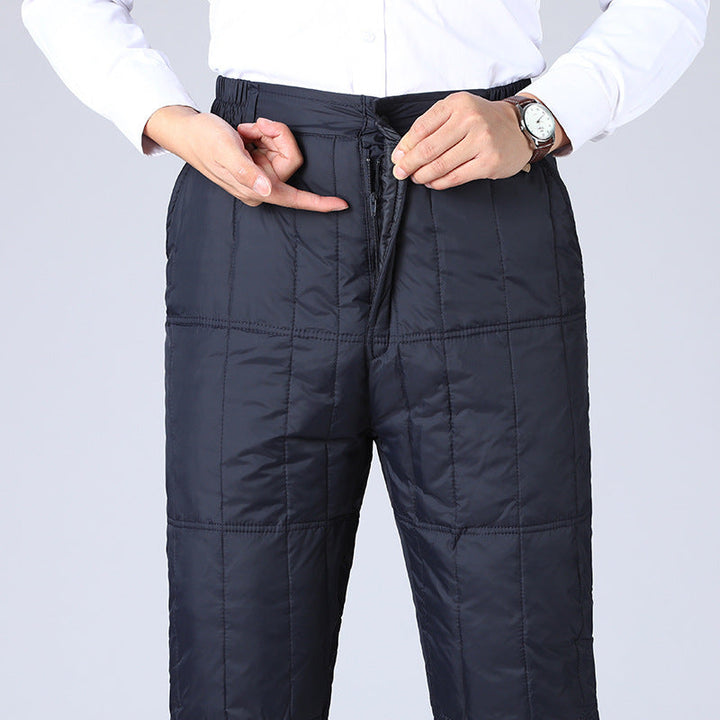 Unisex thermal duck down winter pants, high-waisted, insulated for extreme cold weather outdoor wear.
