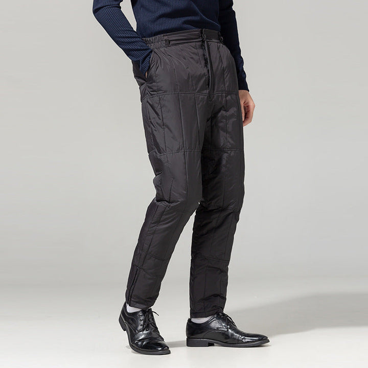Windproof duck down winter trousers, black, designed for unisex warmth and cold weather protection.