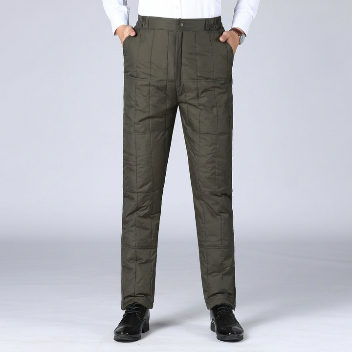 Warm high-waisted duck down pants, unisex, ideal for winter outdoor wear and cold weather comfort.