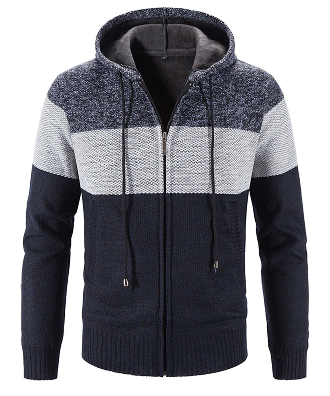 Unisex tri-tone knit performance hoodie with athletic design, front view, in gray, black, and white.