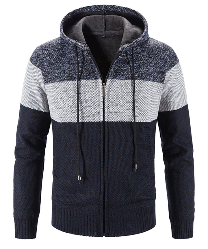 Unisex tri-tone knit performance hoodie with athletic design, front view, in gray, black, and white.