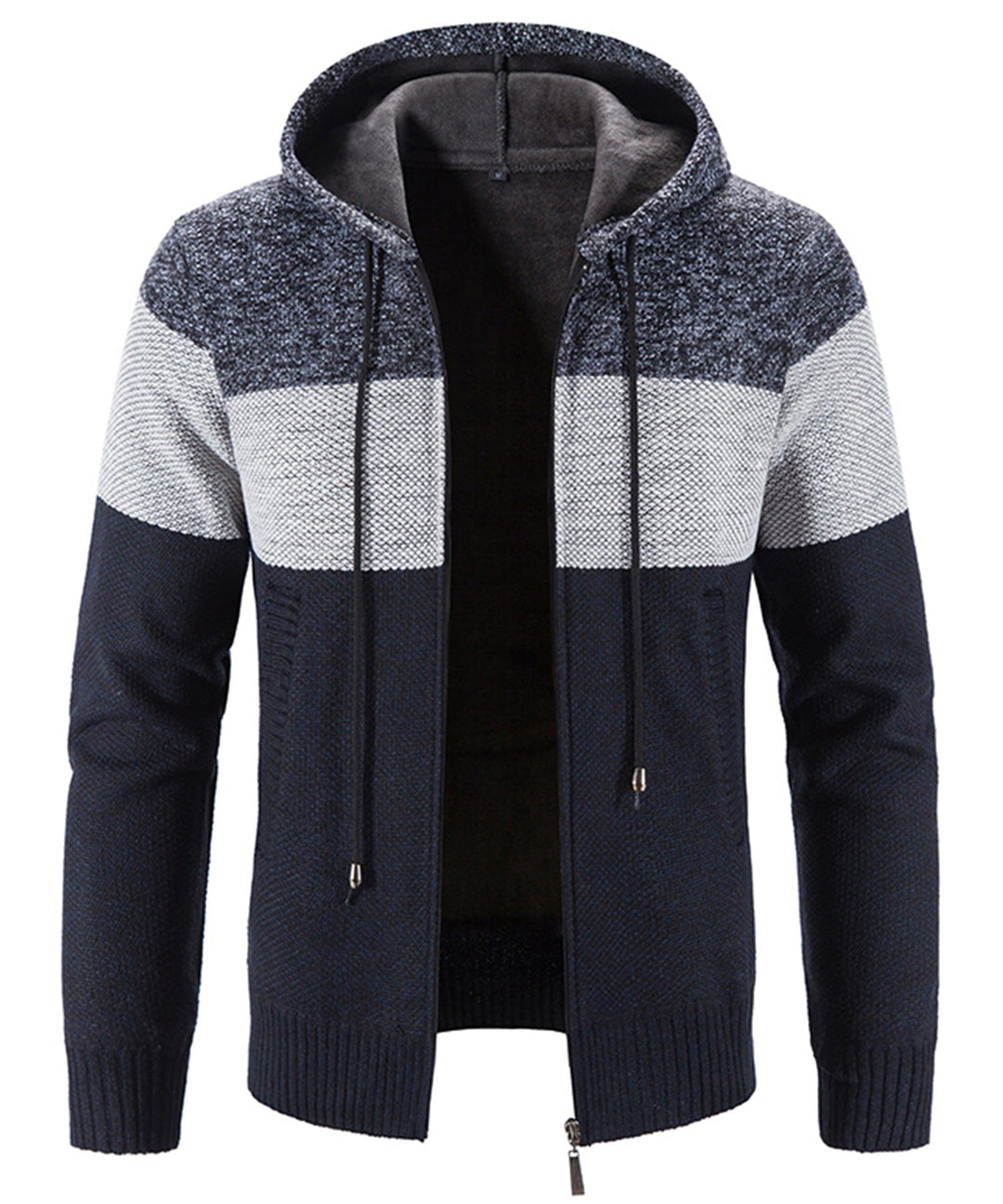 Casual tri-tone knit performance hoodie for men and women, featuring comfortable fabric and hood.