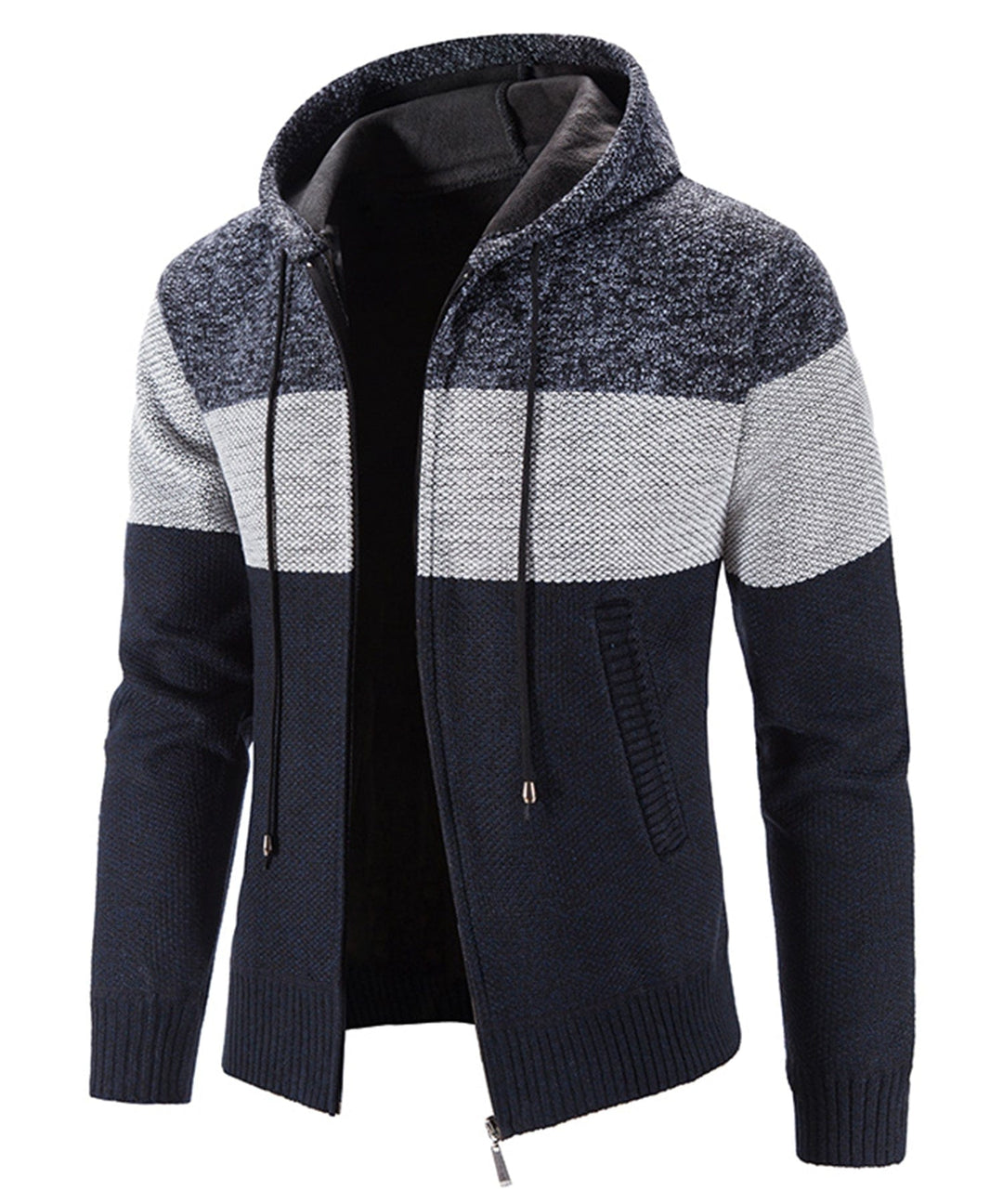 Athletic tri-tone knit performance hoodie, showcasing its soft knitwear texture and relaxed fit.