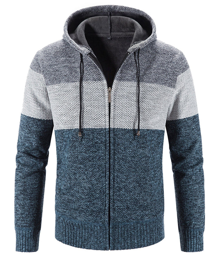 Close-up of the tri-tone knit pattern on a unisex performance hoodie, highlighting color block detail.