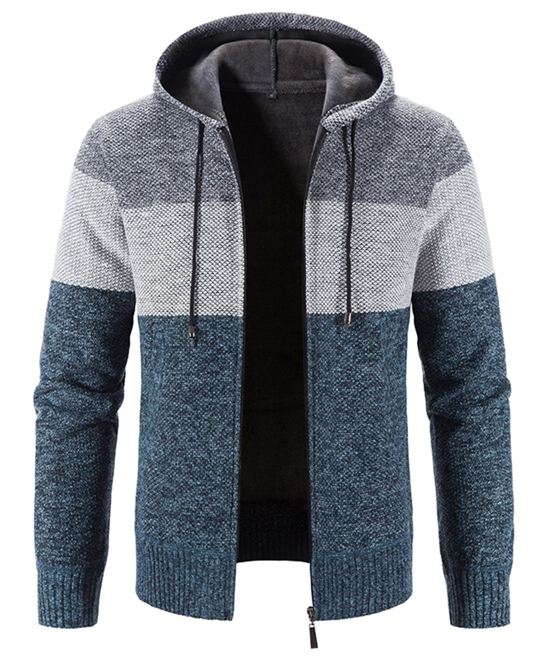 Back view of a comfortable tri-tone knit performance hoodie, ideal for casual and athletic wear.