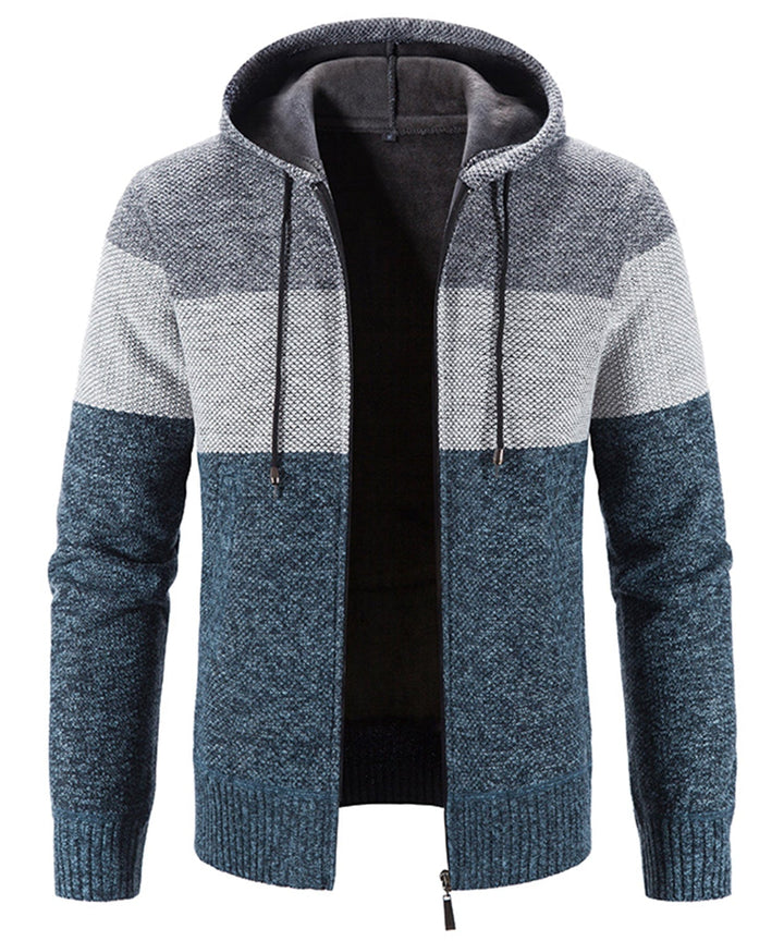 Back view of a comfortable tri-tone knit performance hoodie, ideal for casual and athletic wear.