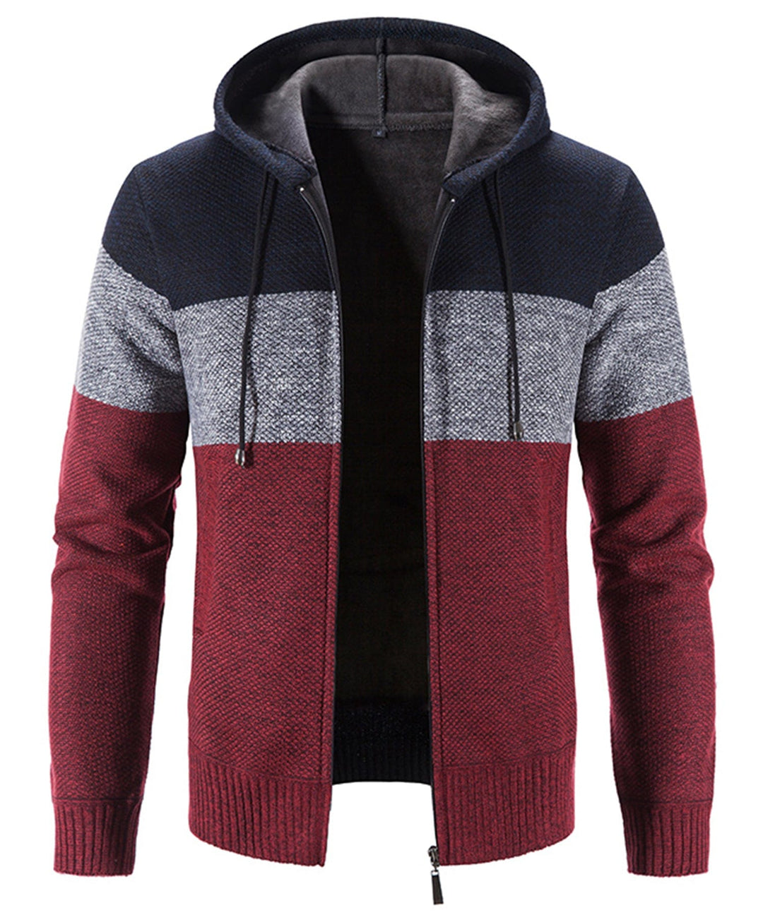 Detailed shot of the hood and drawstrings on a tri-tone knit performance hoodie, emphasizing quality.
