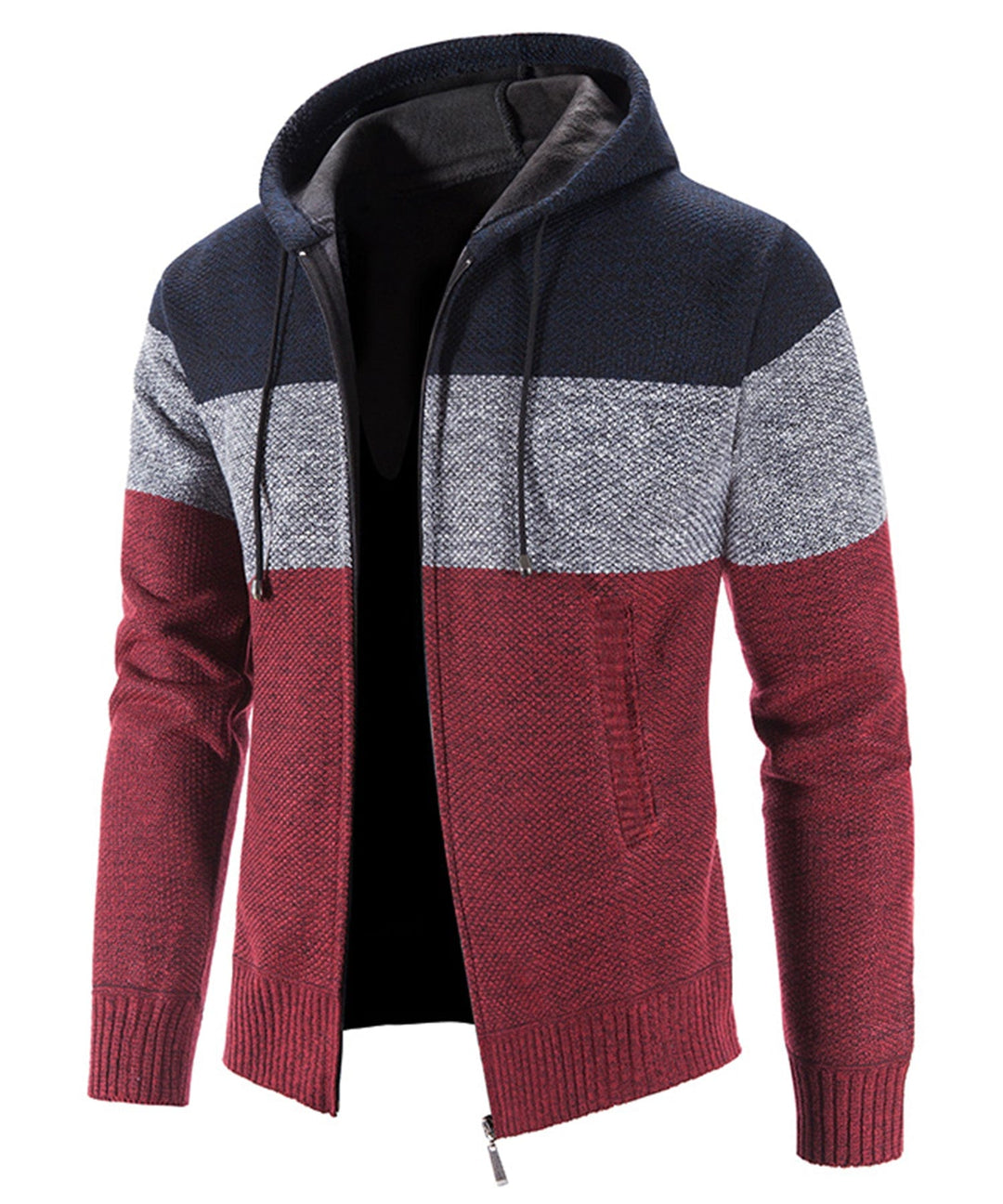 Flat lay of a tri-tone knit performance hoodie, displaying its full design and color combination.