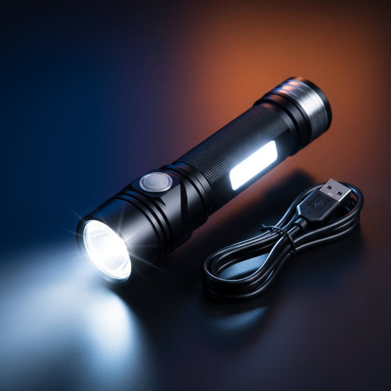 Unisex ultra bright waterproof LED flashlight for camping, hiking & emergency. Rechargeable & portable.