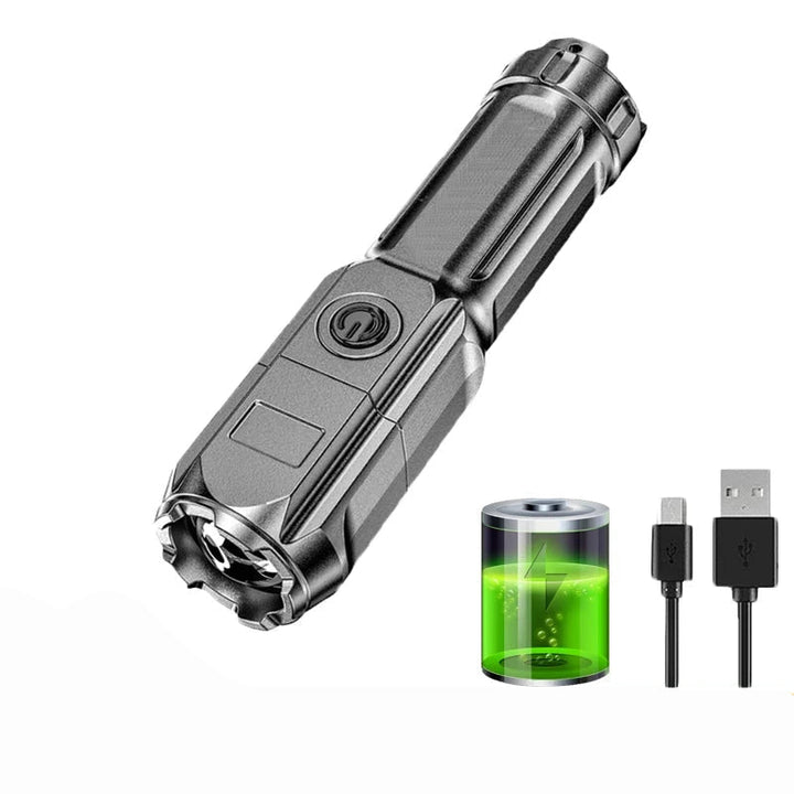 Portable, ultra-bright rechargeable LED flashlight. Waterproof tactical light for outdoor adventures & emergencies.