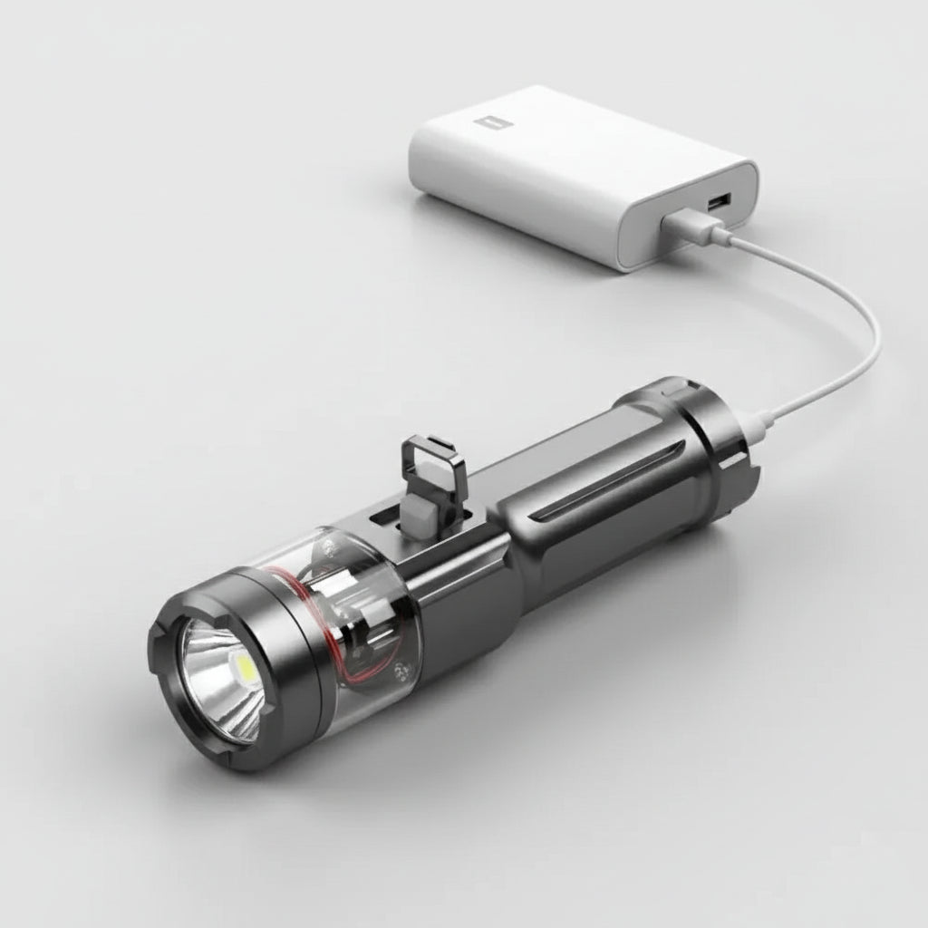 Waterproof LED flashlight for camping & hiking. Ultra-bright, rechargeable, & heavy-duty outdoor gear.