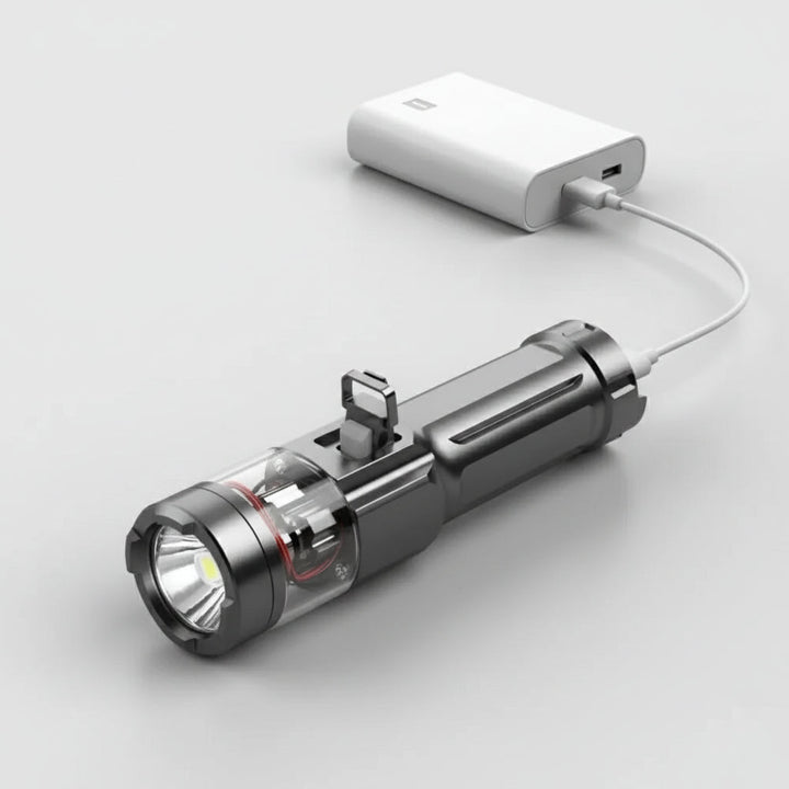 Waterproof LED flashlight for camping & hiking. Ultra-bright, rechargeable, & heavy-duty outdoor gear.
