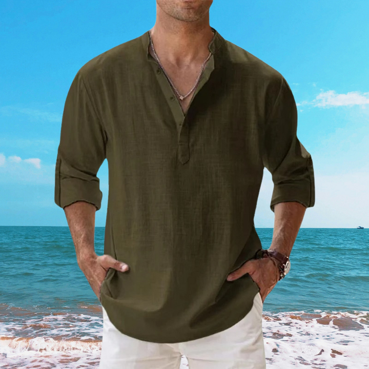 Detail of the collar and buttons on a casual unisex cotton linen blend shirt