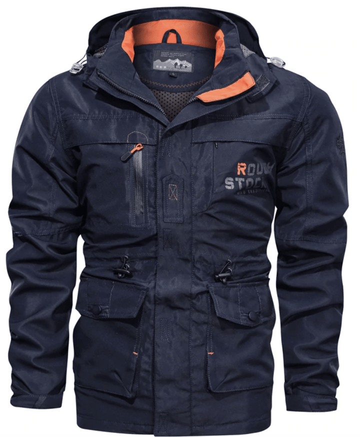 Model wearing a blue Unisex Ultralight Outdoor Parka, ideal for outdoor activities & lightweight travel