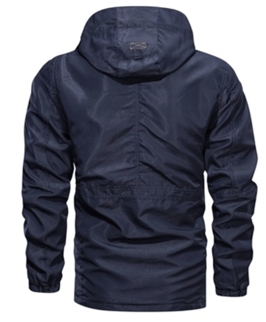 Detail of the zipper and pockets on the black Unisex Ultralight Outdoor Parka, a practical outdoor jacket