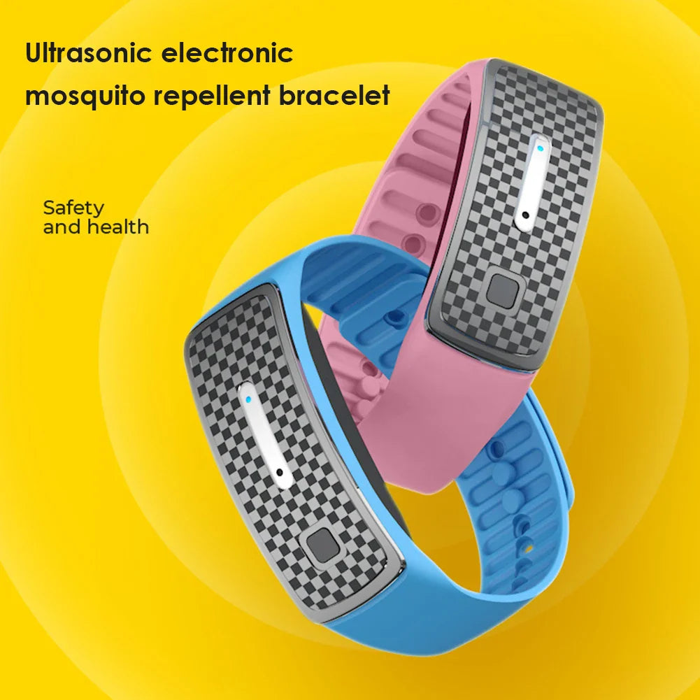 Unisex Ultrasonic Mosquito Repellent Bracelet in black, blue, or pink; sleek USB rechargeable design for stylish protection.