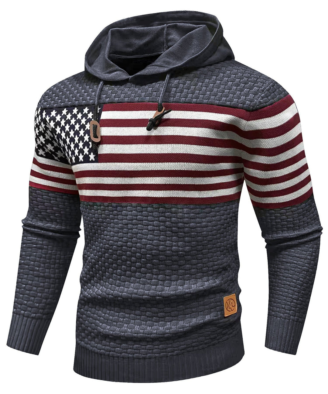Back view of unisex heavy cotton hoodie with large US flag print, durable and warm for casual style
