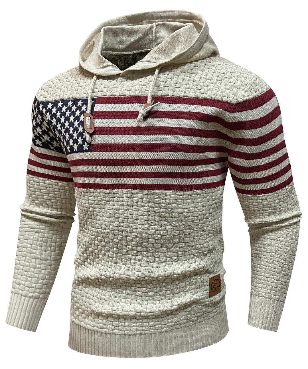 Close-up of US flag print on heavyweight hoodie fabric, showcasing detailed stars/stripes on cotton blend