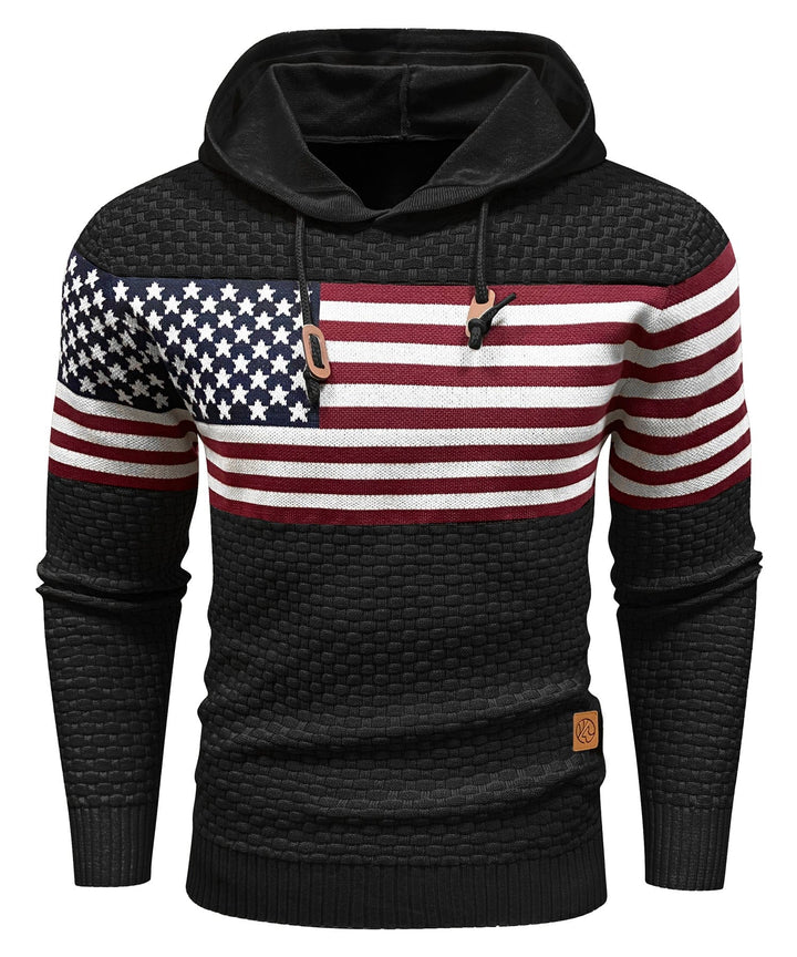 Model wearing Unisex US Flag Heavyweight Hoodie, comfortable and warm patriotic sweatshirt, casual fashion