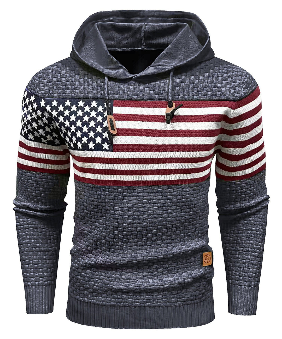Side profile of a person in a unisex patriotic flag print hoodie, showcasing its relaxed fit and durability