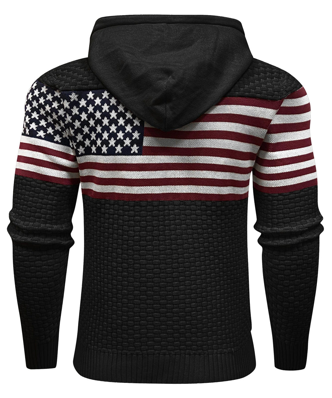 Detail of the drawstring hood on the US flag print unisex hoodie, heavy fabric, comfortable casual wear