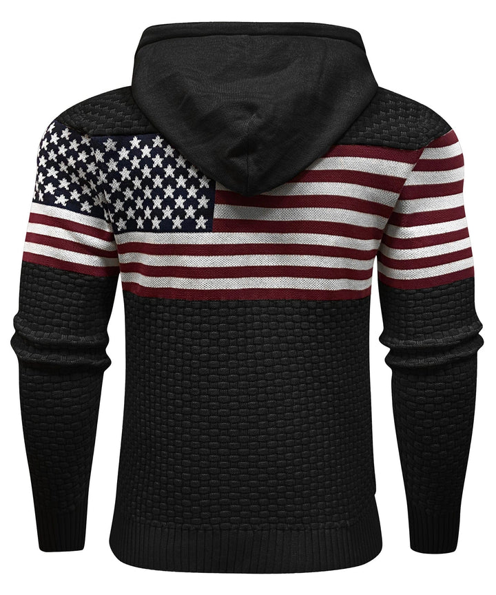 Detail of the drawstring hood on the US flag print unisex hoodie, heavy fabric, comfortable casual wear
