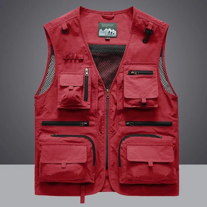 Front view of a multi-pocket fishing vest, suitable for both men and women, in durable outdoor gear.