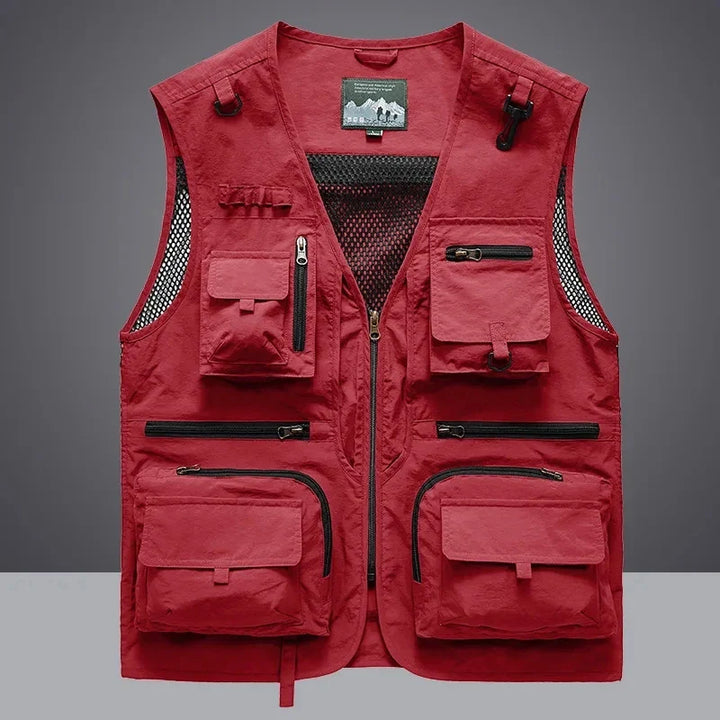 Front view of a multi-pocket fishing vest, suitable for both men and women, in durable outdoor gear.