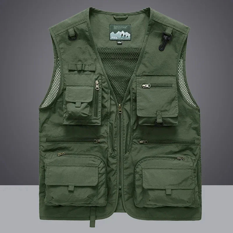 Close-up of a unisex tool vest, highlighting large cargo pockets and breathable material for work.