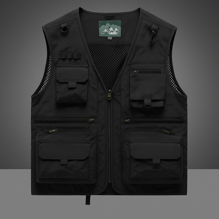 Stylish unisex work vest, featuring array of pockets for storage, great for various activities.