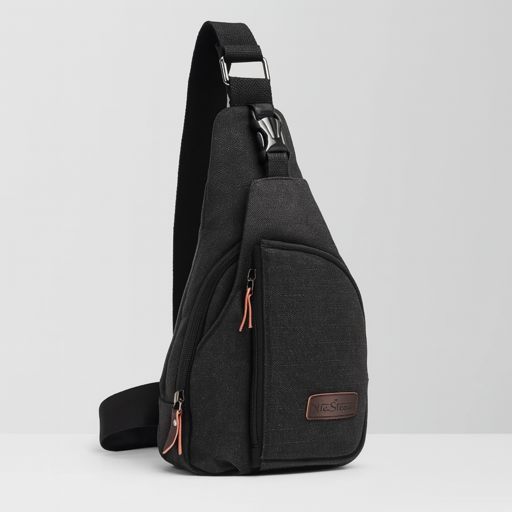 Black vintage crossbody sling bag, a unisex accessory for travel and daily adventures, also in brown & khaki.
