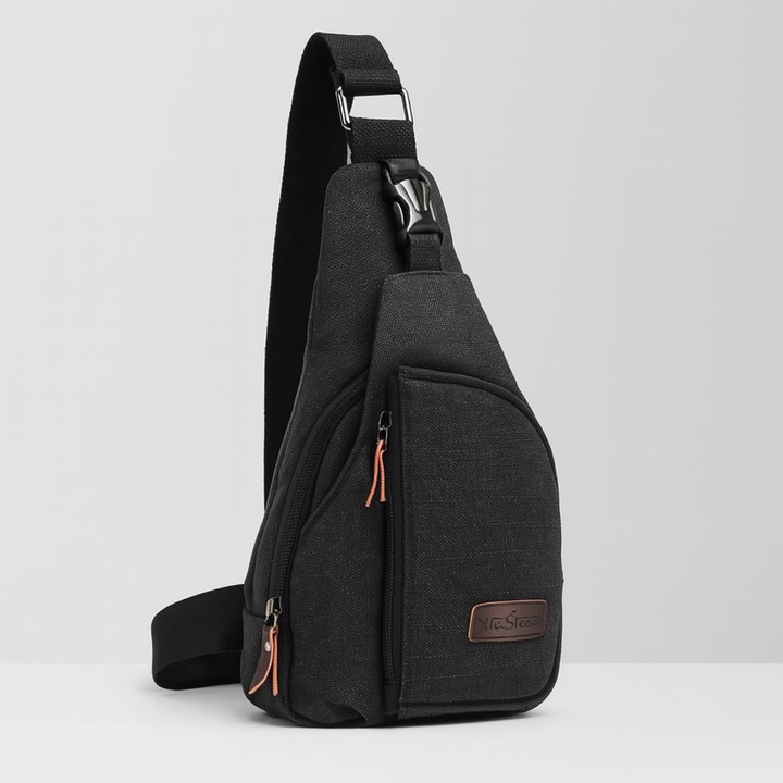 Black vintage crossbody sling bag, a unisex accessory for travel and daily adventures, also in brown & khaki.